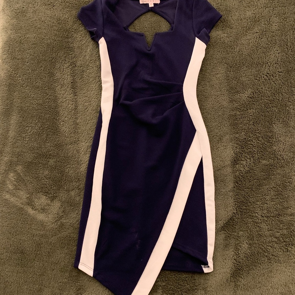 Macy’s Navy Asymmetrical Cutout Bodycon Dress Size XS - Picture 1 of 5